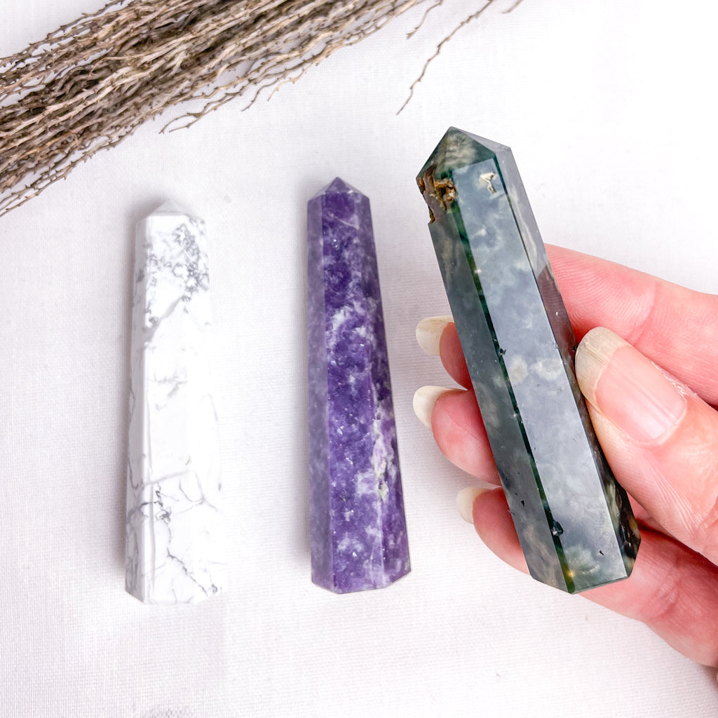 Trio of crystal ring holder towers - Lepidolite, Howlite + Ocean jasper points bundle