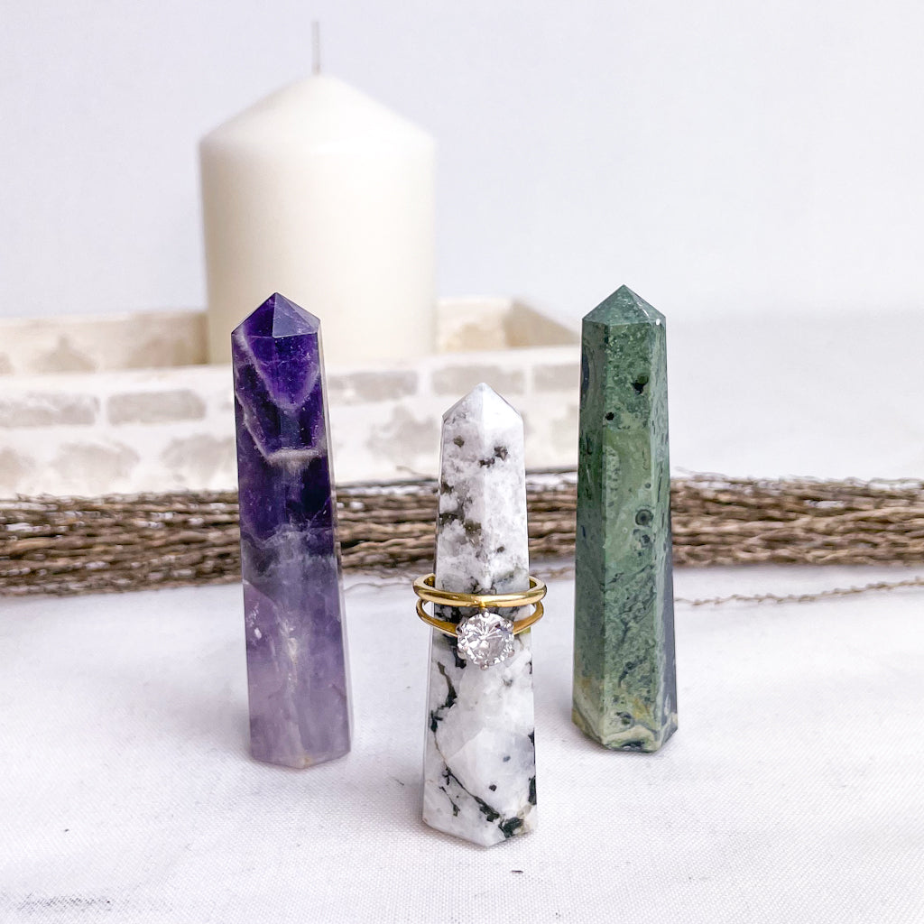 Trio of crystal ring holder towers - Amethyst, Moonstone + Kambaba jasper points bundle