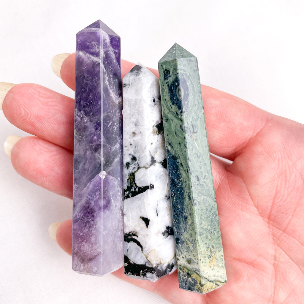 Trio of crystal ring holder towers - Amethyst, Moonstone + Kambaba jasper points bundle