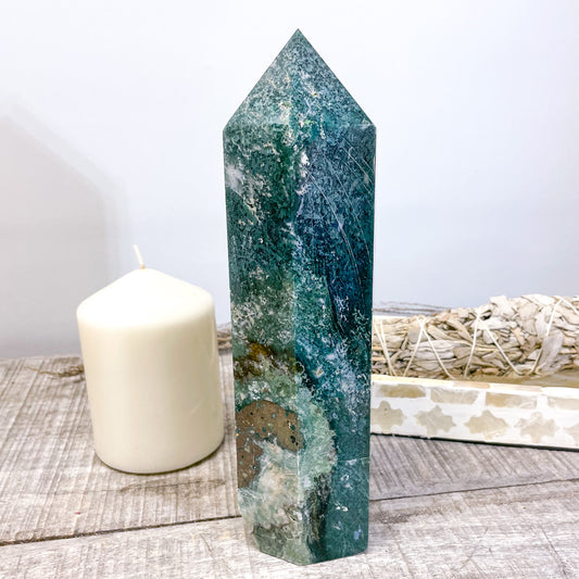 Moss agate crystal point pillar tower 1.18kg XL