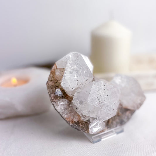 Apophyllite, morganite + goethite crystal cluster