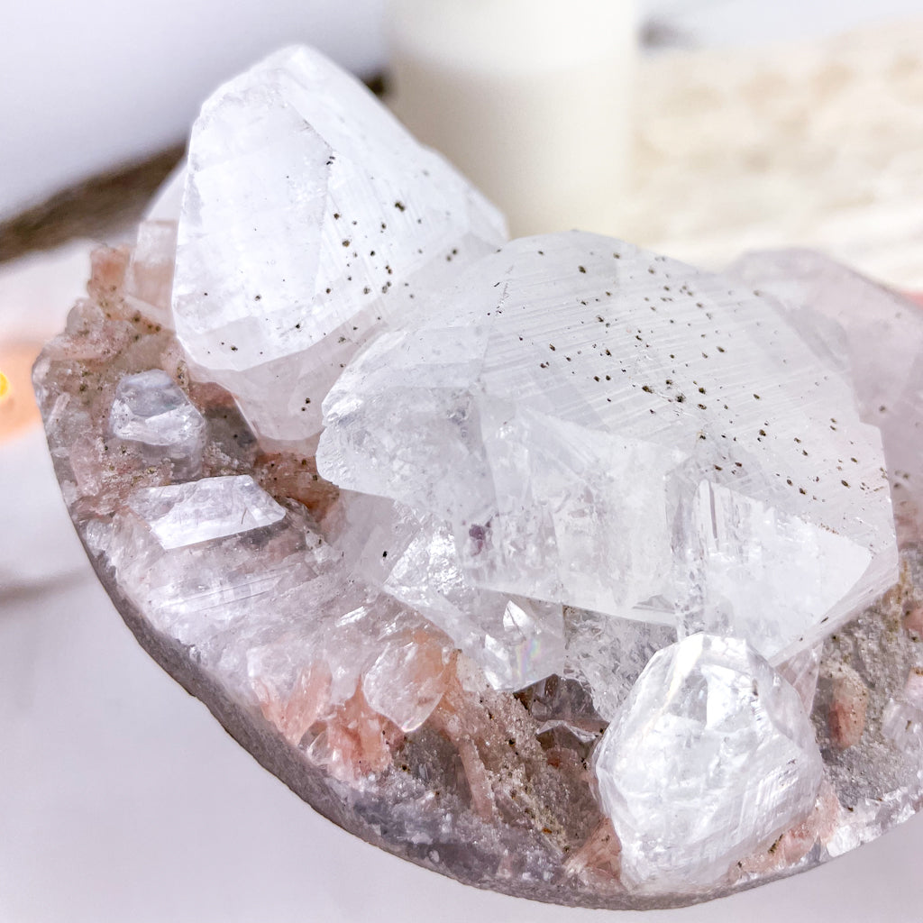 Apophyllite, morganite + goethite crystal cluster
