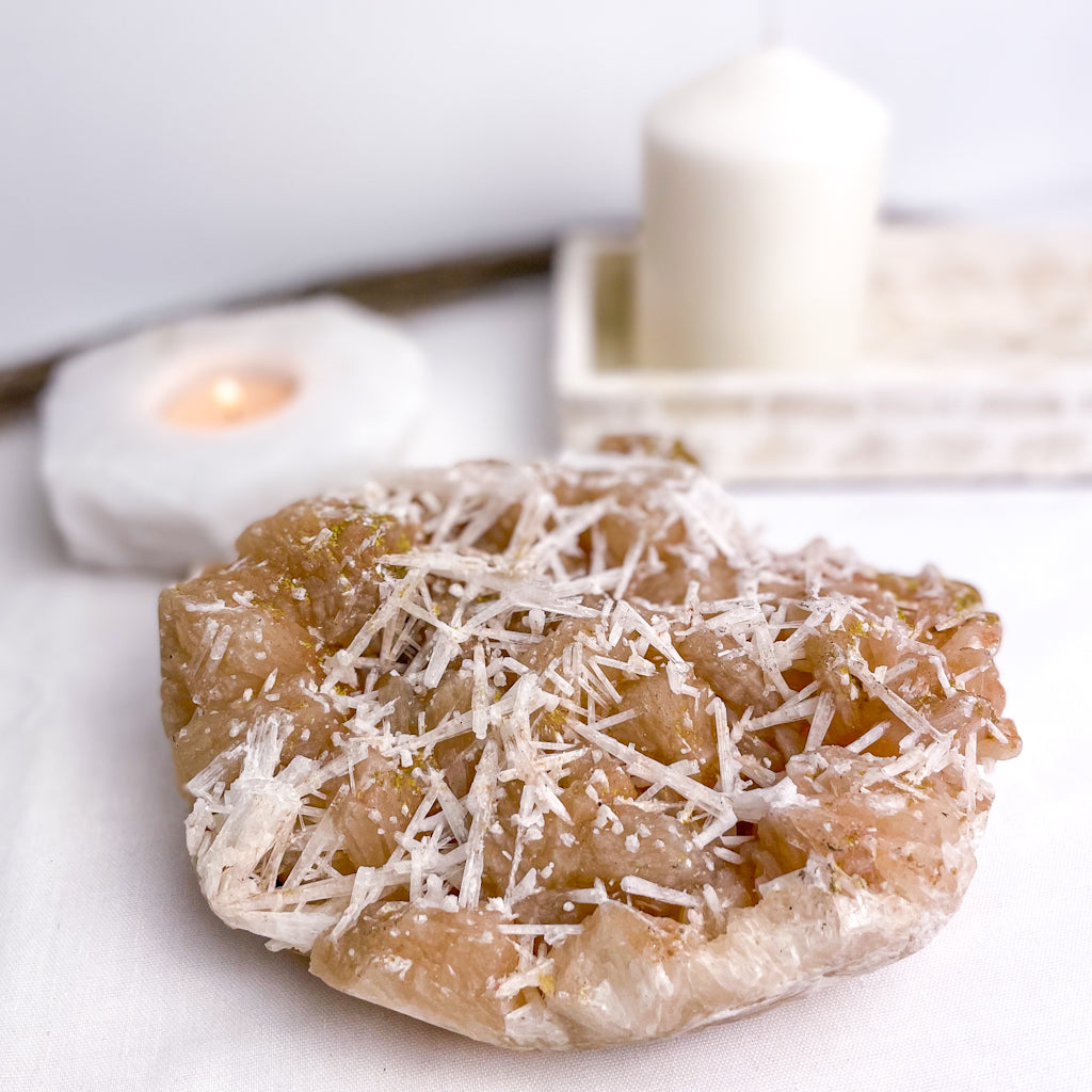 Peach stilbite + scolecite crystal cluster