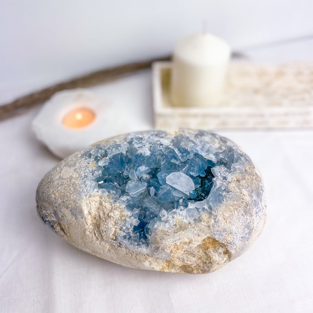 Celestite egg cluster geode crystal XXL 3.3kg on wooden stand