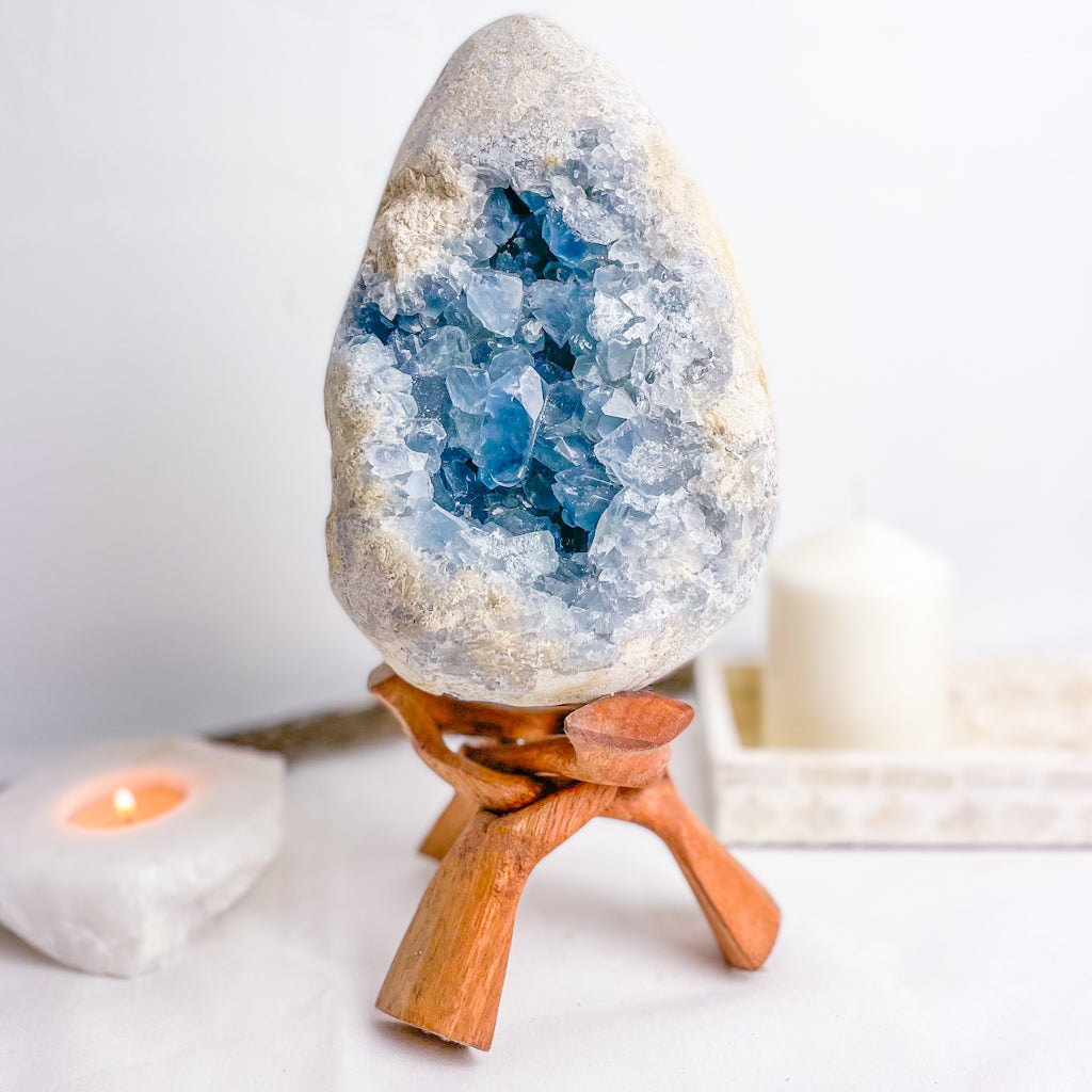 Celestite egg cluster geode crystal XXL 3.3kg on wooden stand