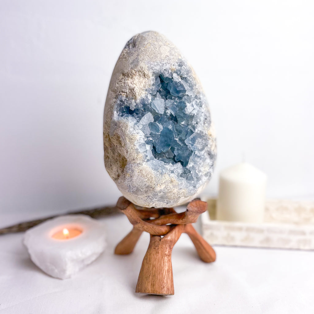 Celestite egg cluster geode crystal XXL 3.3kg on wooden stand