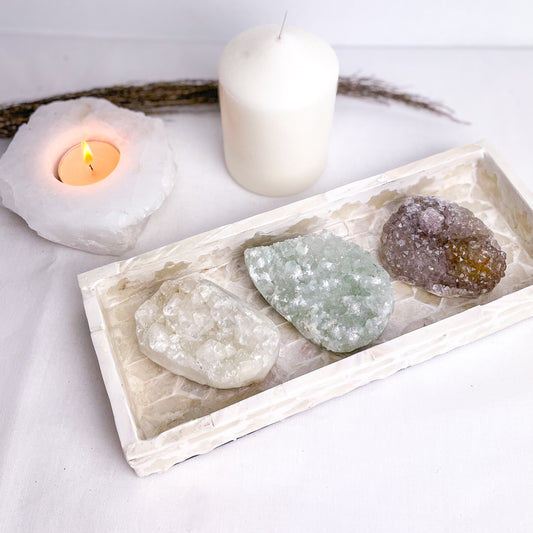 Green heulandite, apophyllite + smoky amethyst crystal cluster trio