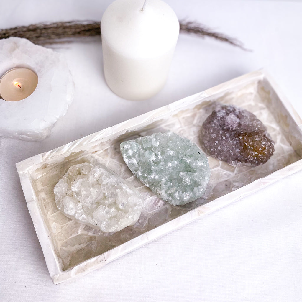 Green heulandite, apophyllite + smoky amethyst crystal cluster trio