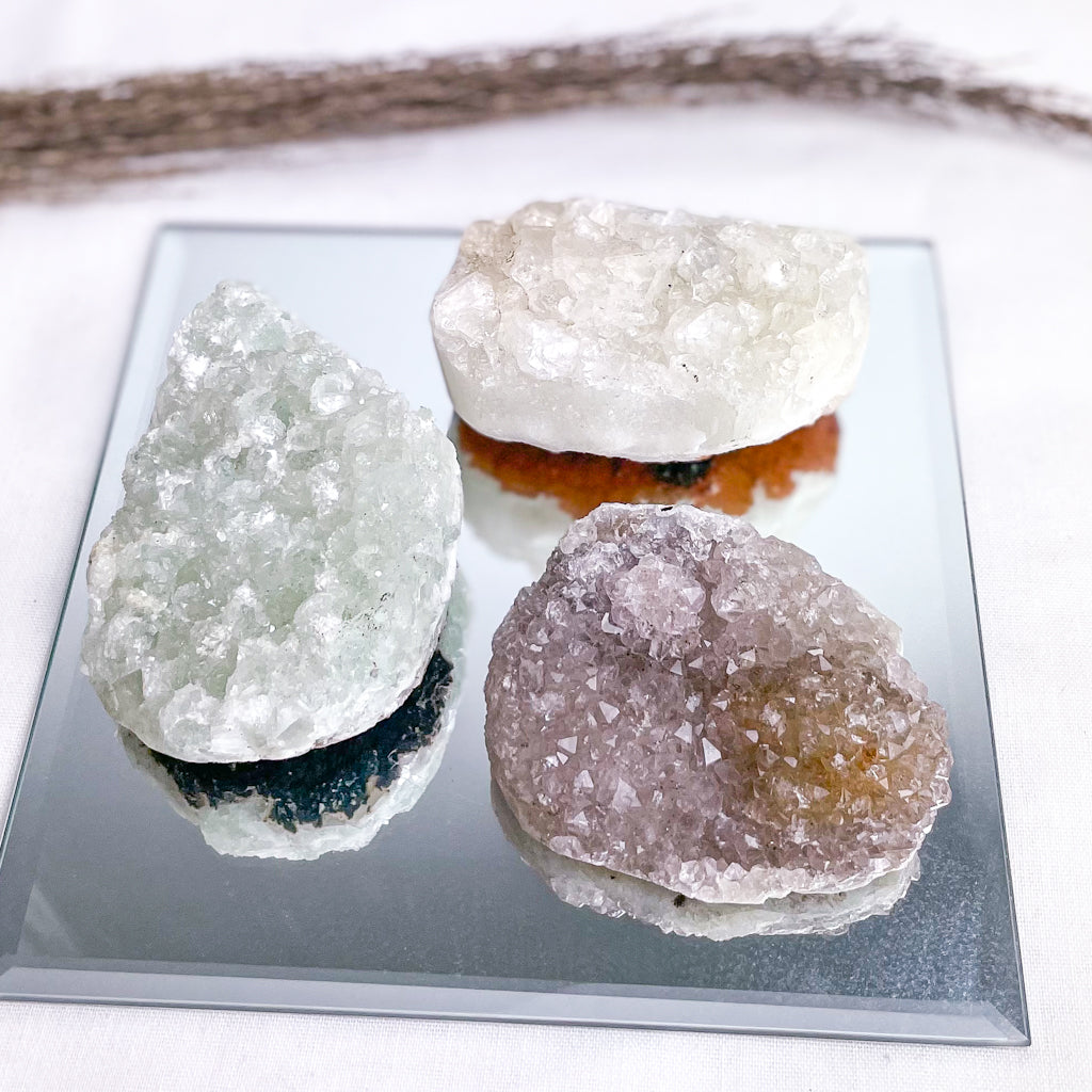 Green heulandite, apophyllite + smoky amethyst crystal cluster trio