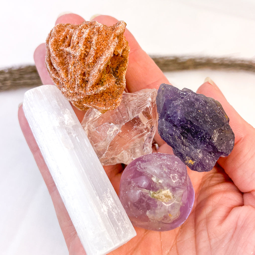 Crystal bundle - Amethyst raw + tumble, Selenite, Desert Rose + Clear quartz