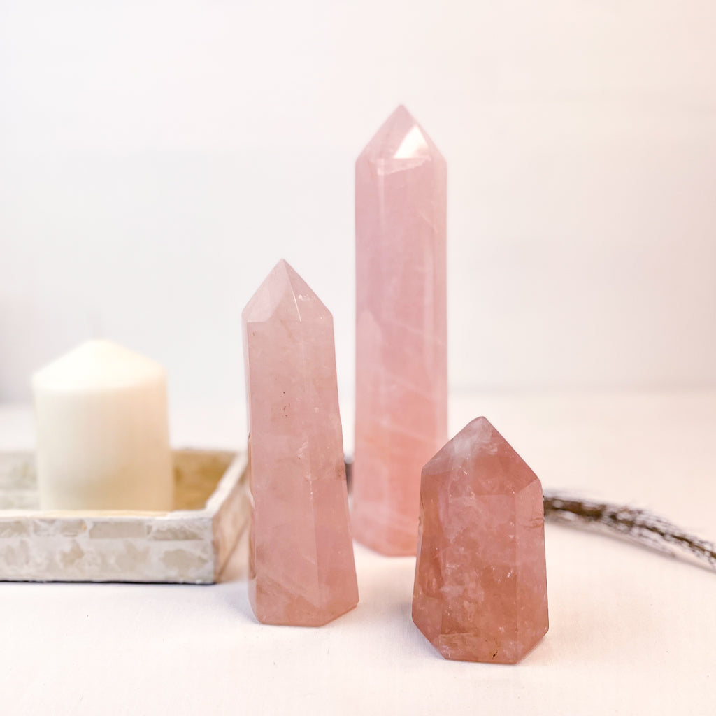 Rose quartz crystal polished generator tower M-XL