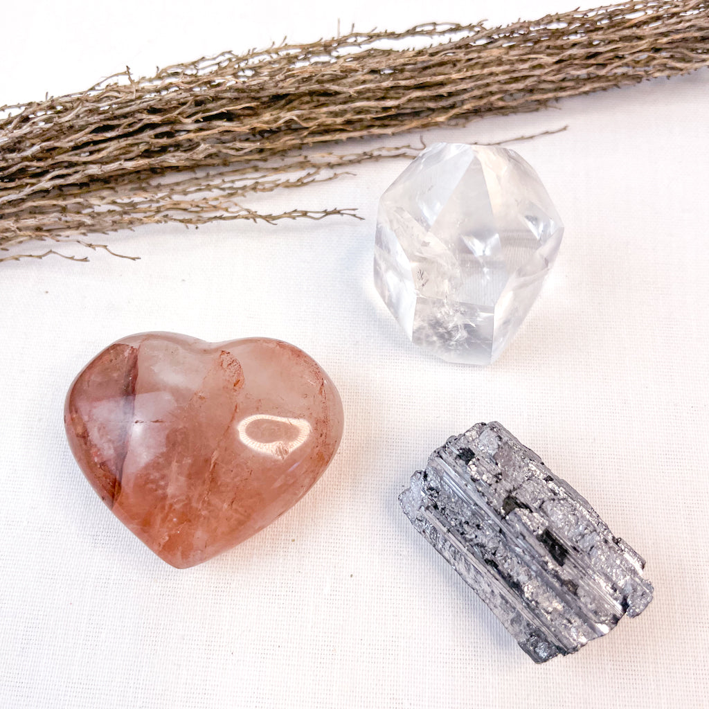 Crystal heart + point bundle - Hematite quartz heart, Clear quartz tower, Aura tourmaline