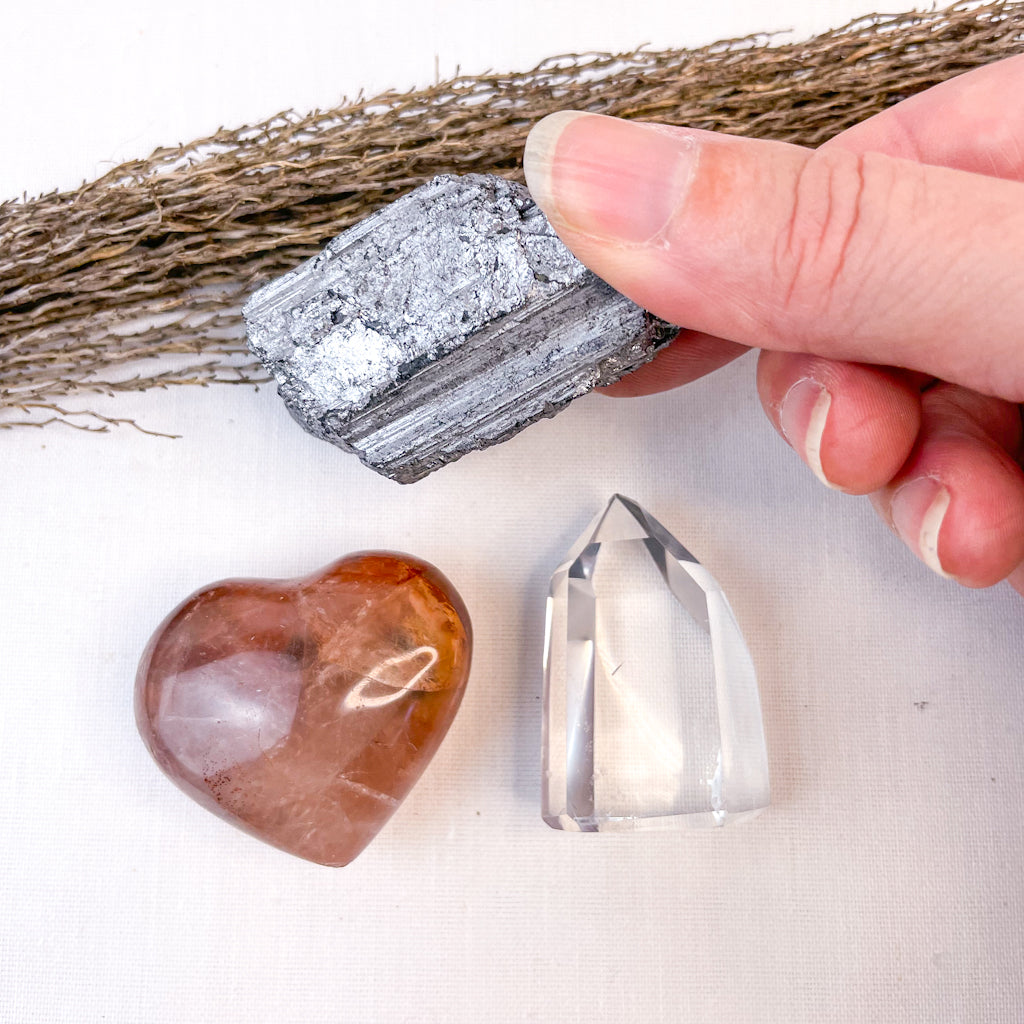 Crystal heart + point bundle - Hematite quartz heart, Clear quartz tower, Aura tourmaline