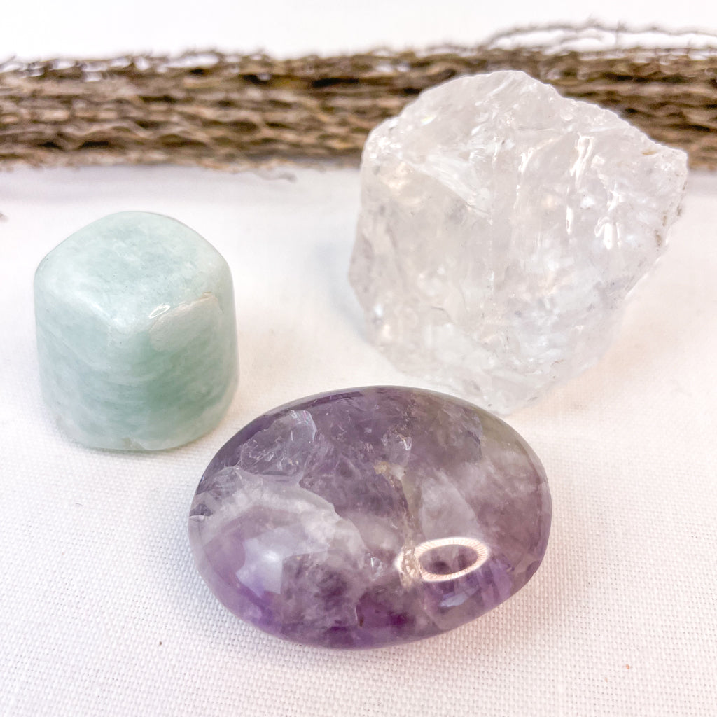 Trio of crystals - Amethyst palm stone, Clear quartz raw, Amazonite tumble