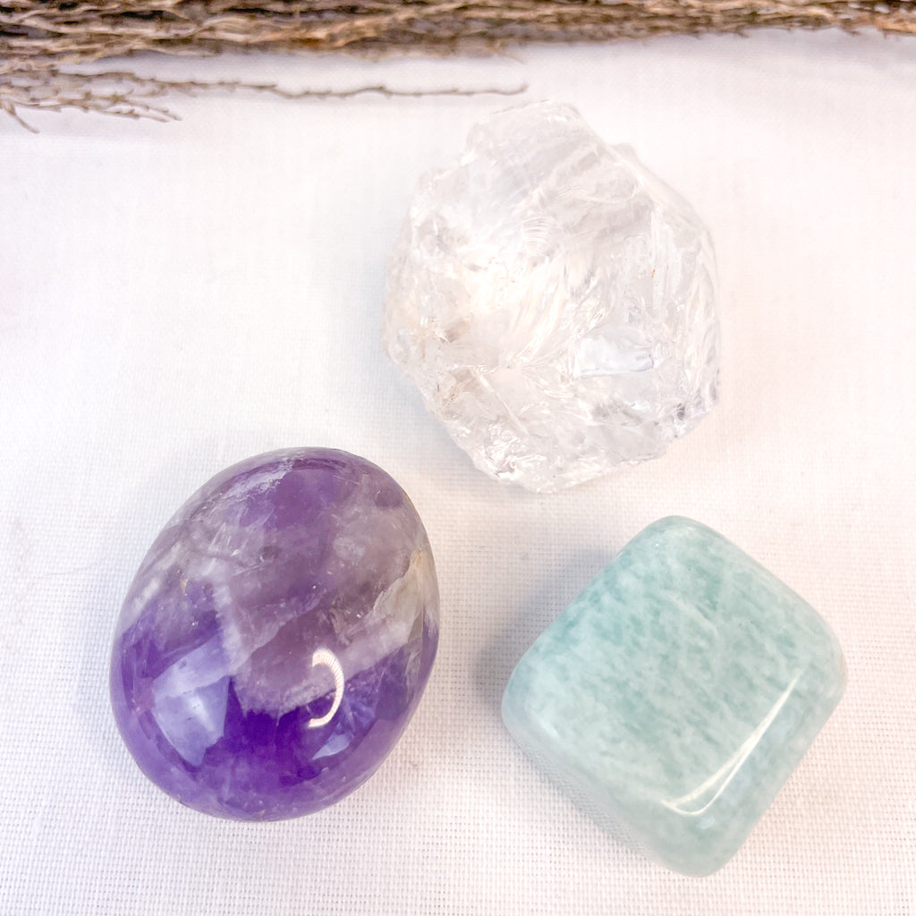 Trio of crystals - Amethyst palm stone, Clear quartz raw, Amazonite tumble