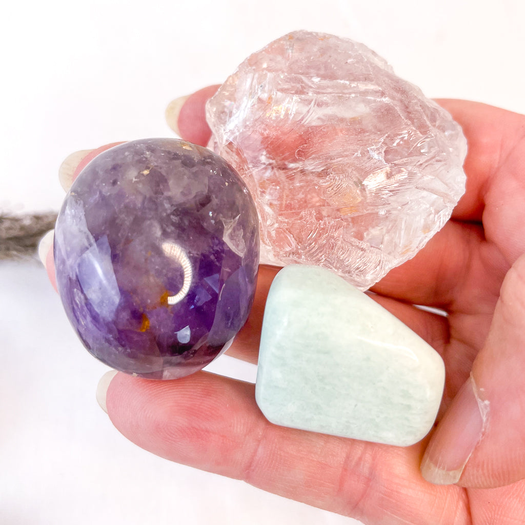 Trio of crystals - Amethyst palm stone, Clear quartz raw, Amazonite tumble