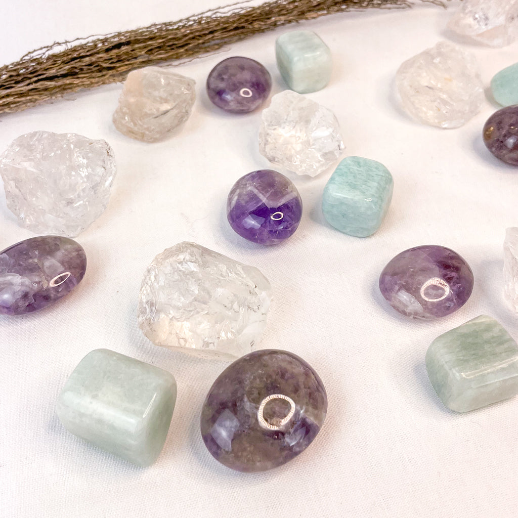 Trio of crystals - Amethyst palm stone, Clear quartz raw, Amazonite tumble