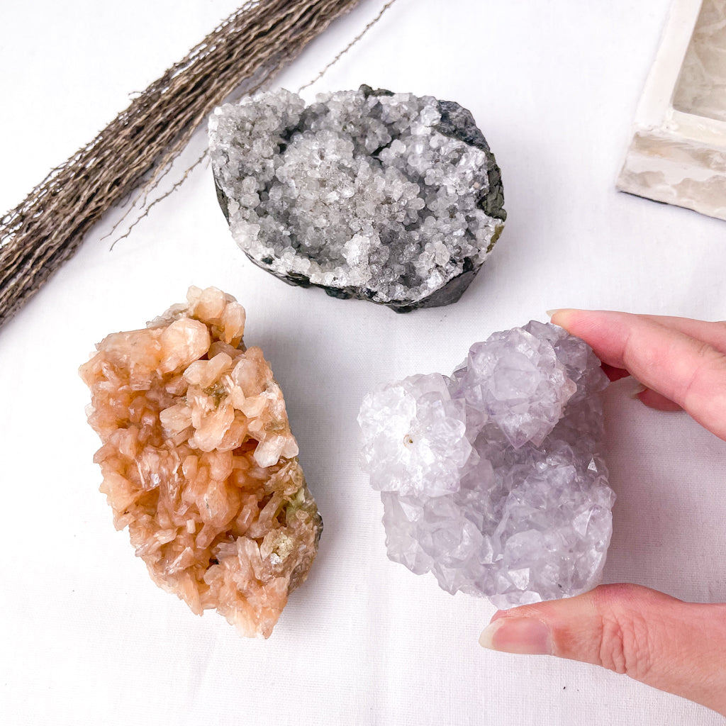 Grey apophyllite, peach stilbite + lilac amethyst crystal cluster trio