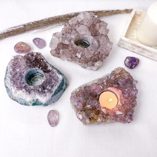 Amethyst crystal cluster candle holder