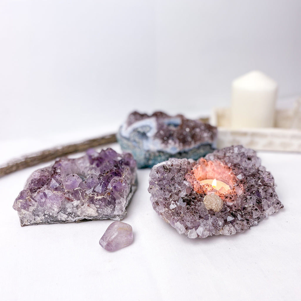 Amethyst crystal cluster candle holder