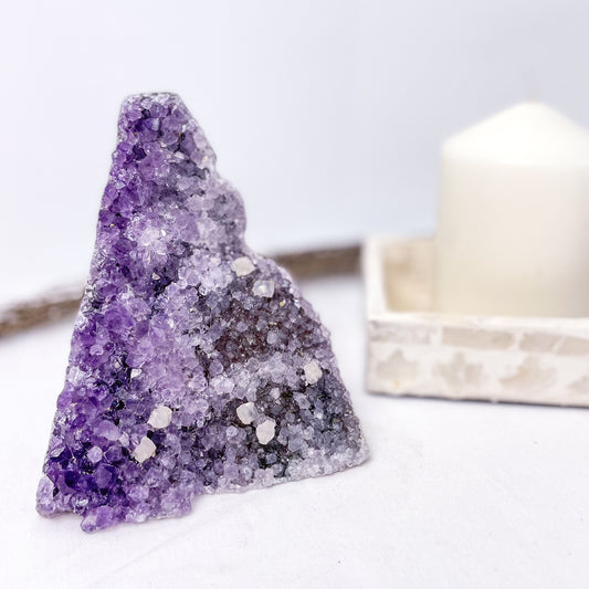 Amethyst + Calcite crystal flat base cluster