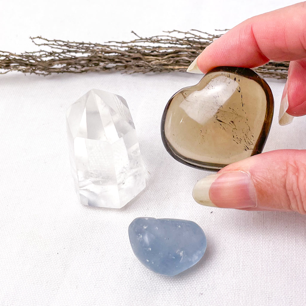 Crystal heart + point bundle - PROTECTION - Clear Quartz, Celestite + Smoky Quartz