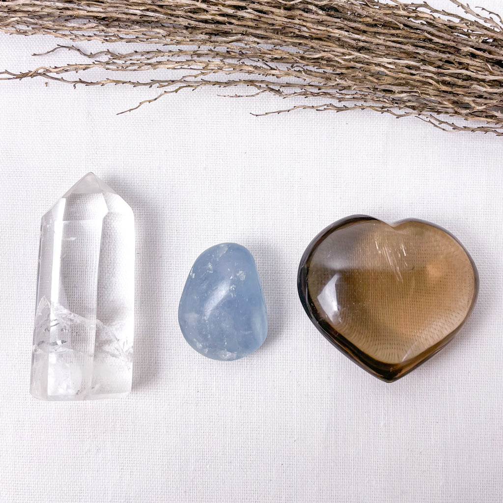 Crystal heart + point bundle - PROTECTION - Clear Quartz, Celestite + Smoky Quartz