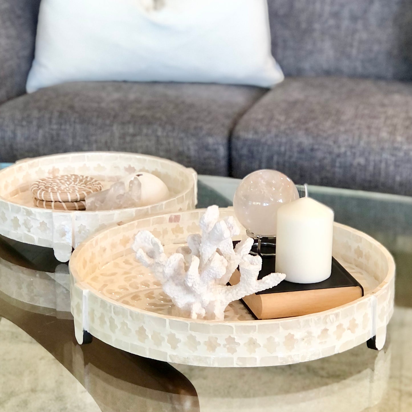Mother of pearl capiz shell inlay footed tray