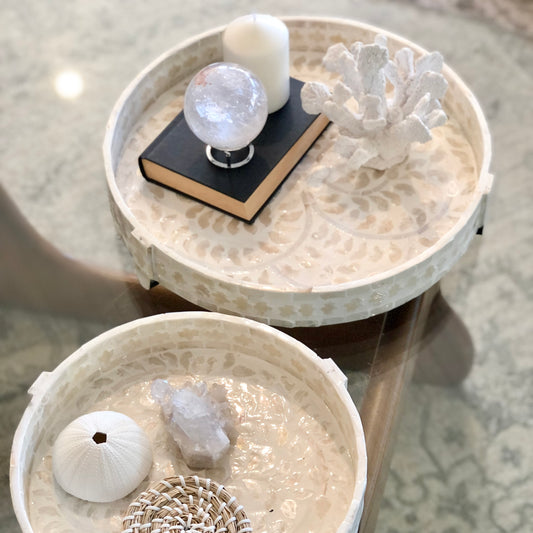 Mother of pearl capiz shell inlay footed tray