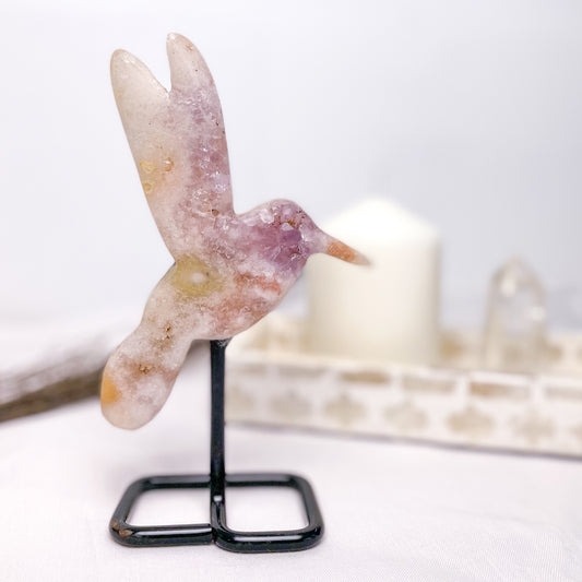 Pink Amethyst crystal hummingbird on stand