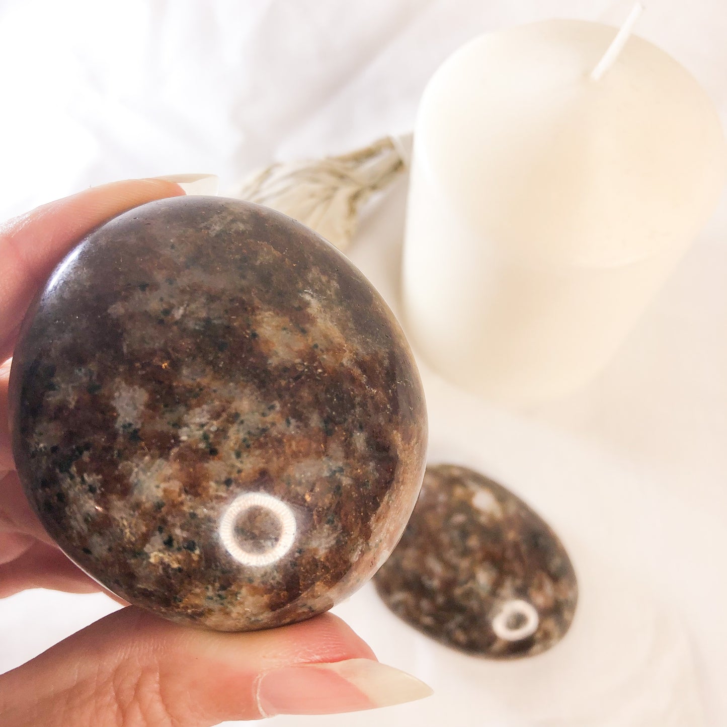 Garnet, Feldspar + Quartz crystal palm stone