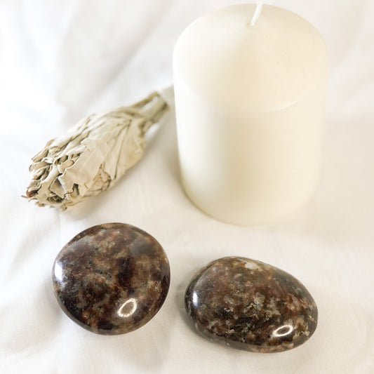 Garnet, Feldspar + Quartz crystal palm stone