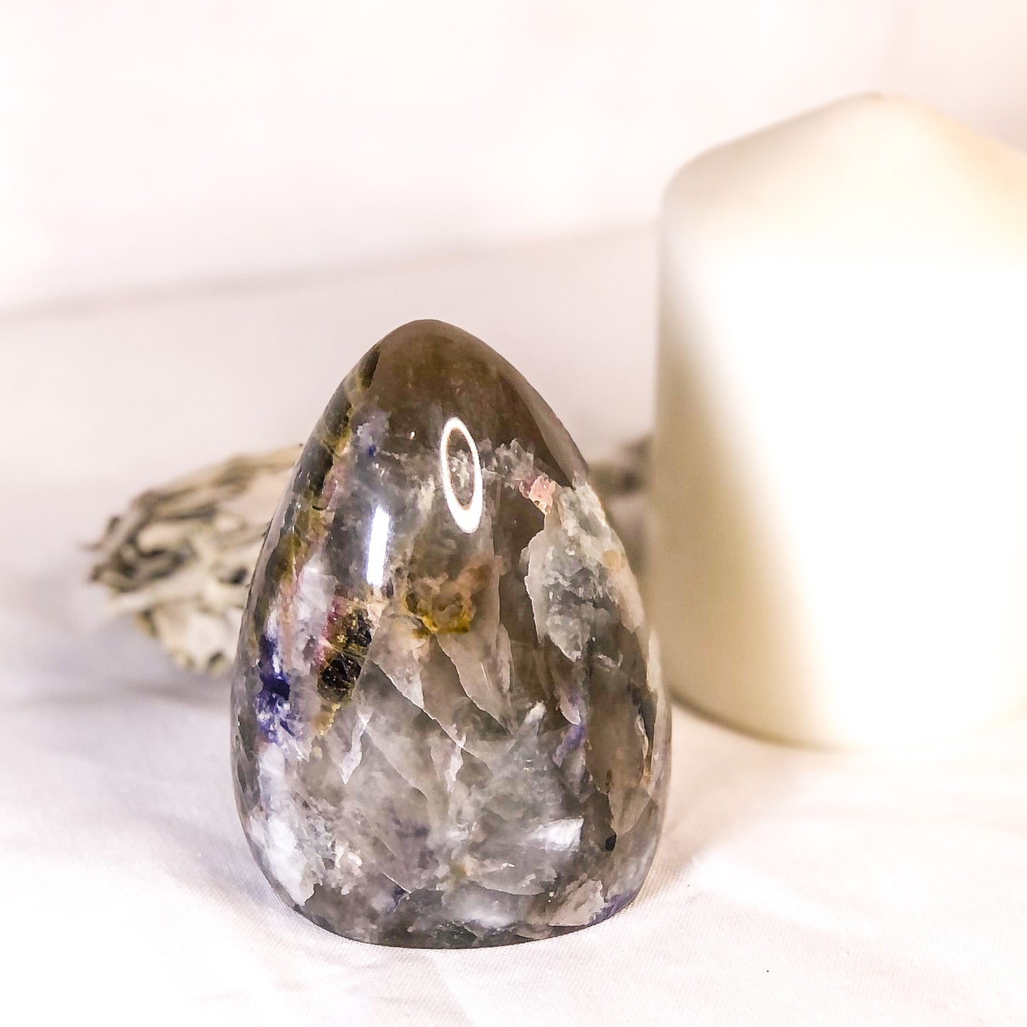 Lepidolite, Smoky Quartz, Tourmaline, Aquamarine + Charoite crystal statue