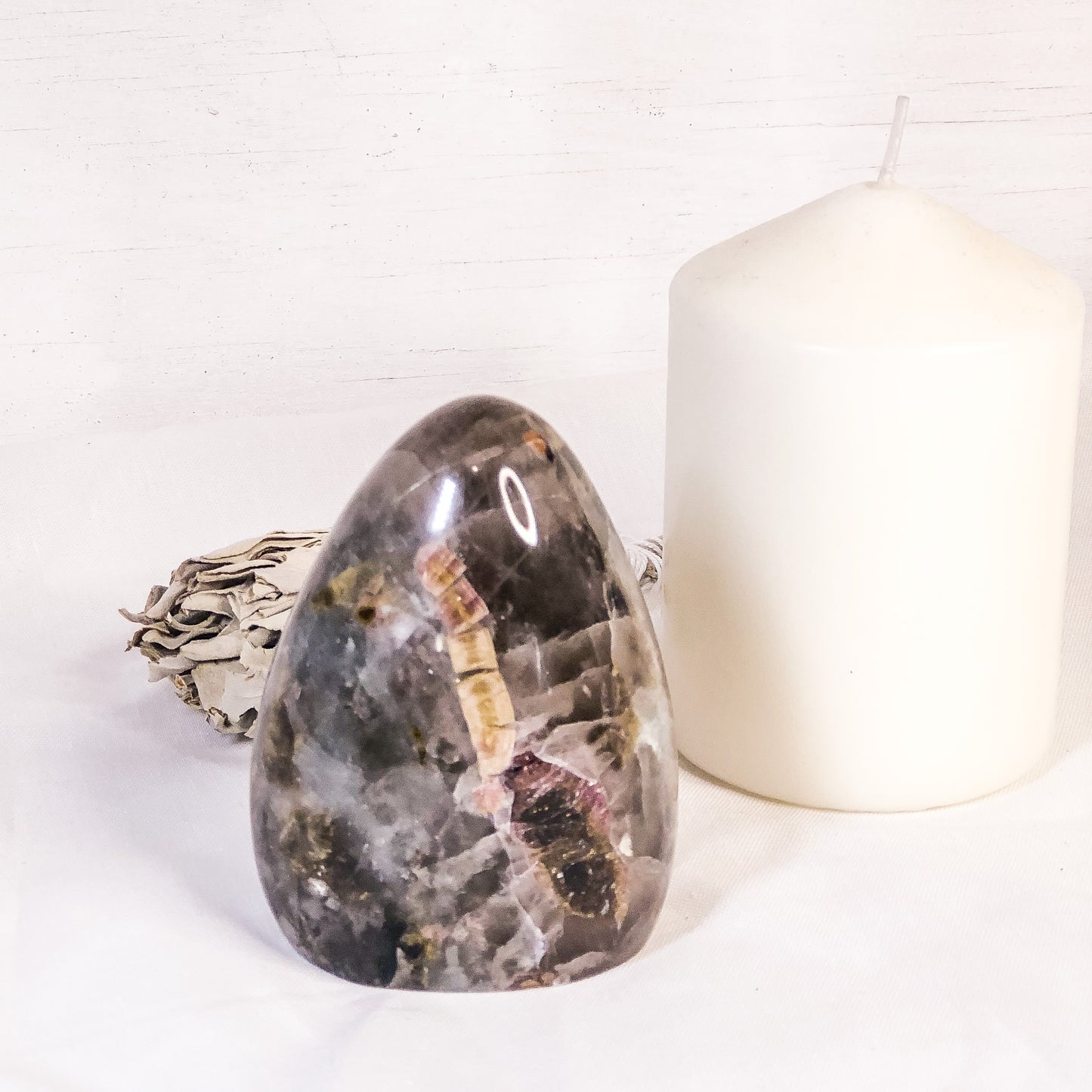 Lepidolite, Smoky Quartz, Tourmaline, Aquamarine + Charoite crystal statue