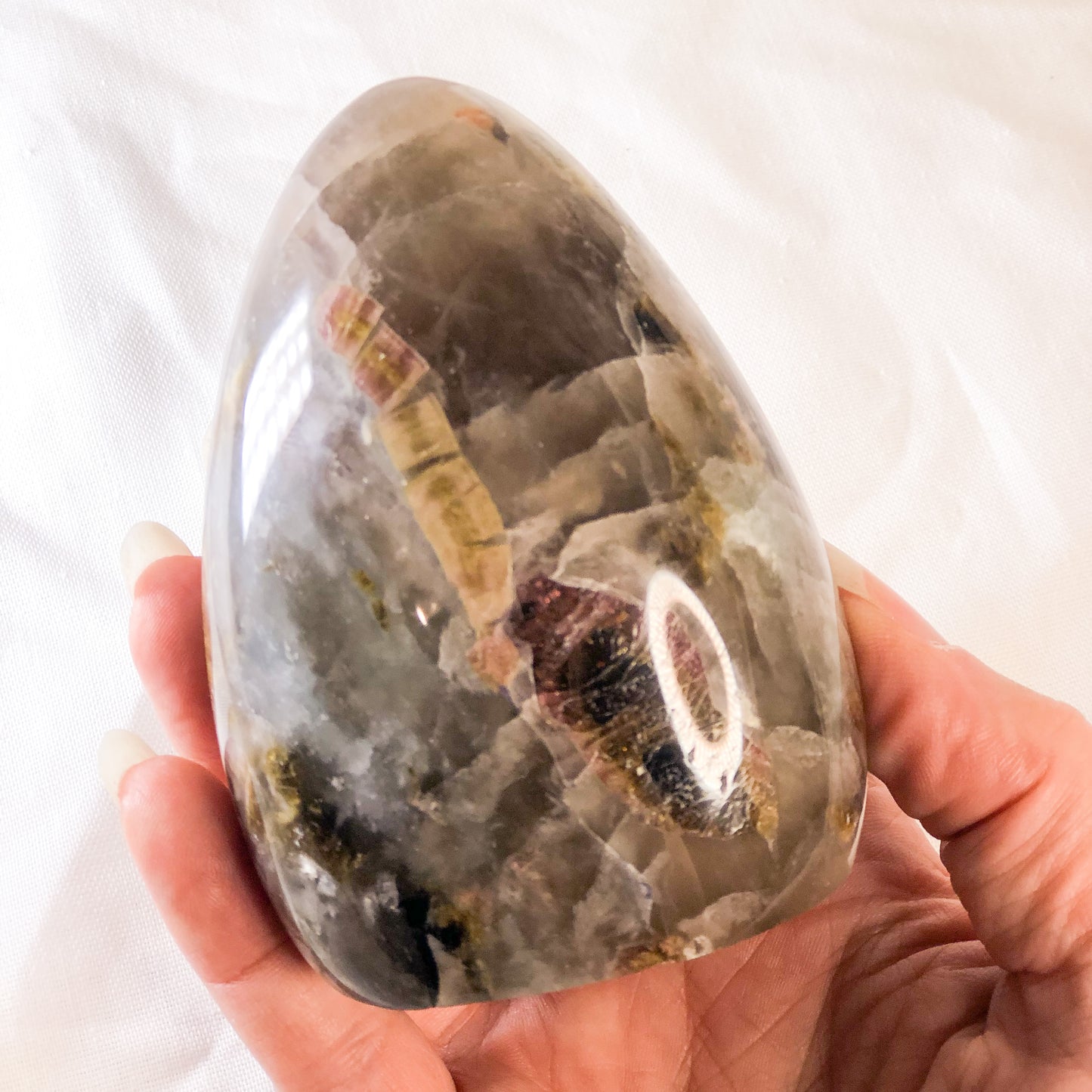 Lepidolite, Smoky Quartz, Tourmaline, Aquamarine + Charoite crystal statue