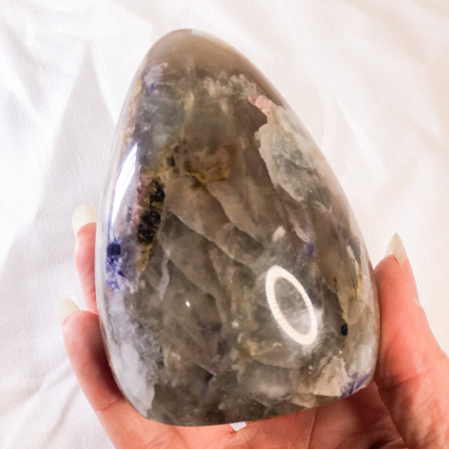 Lepidolite, Smoky Quartz, Tourmaline, Aquamarine + Charoite crystal statue