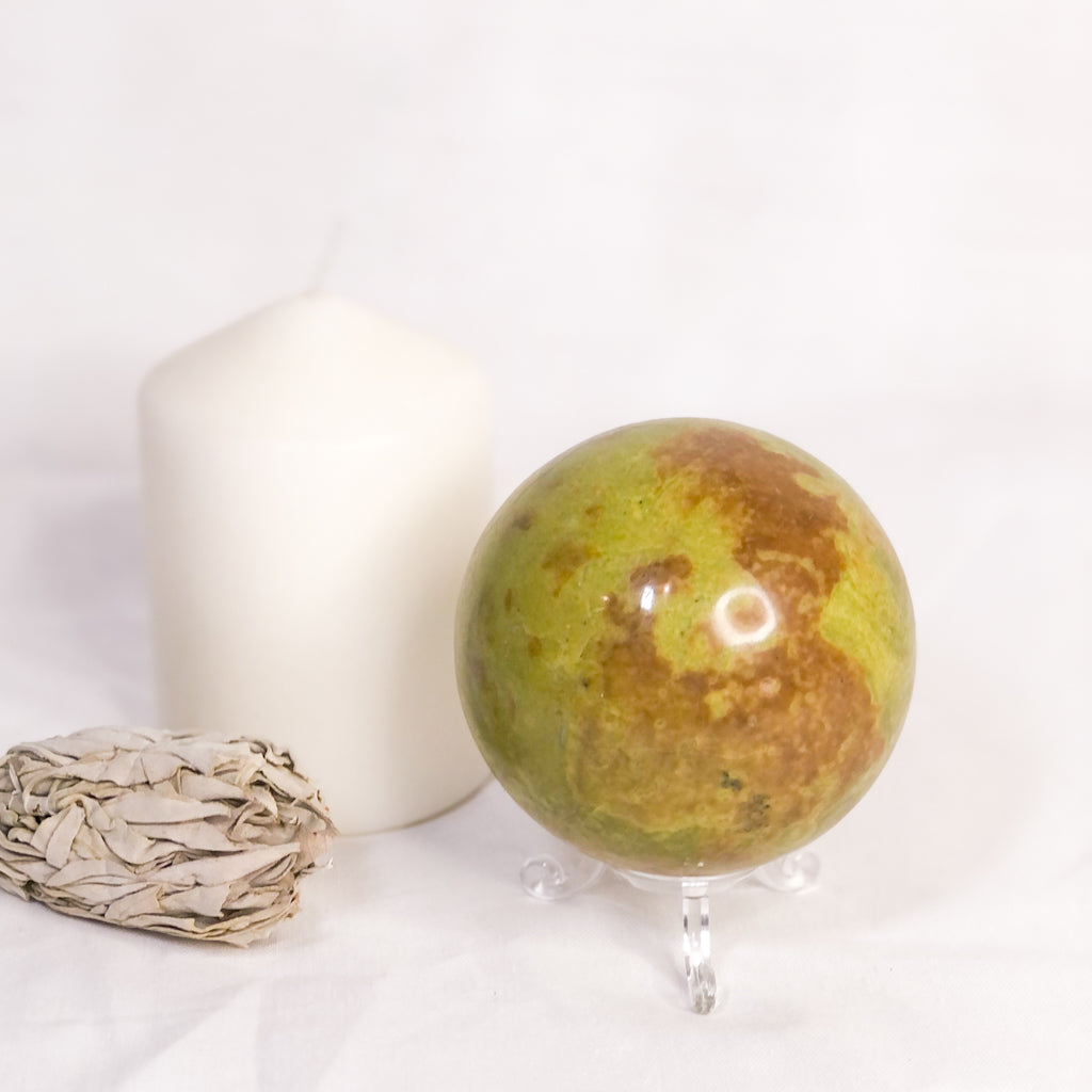 Green opal crystal sphere with stand