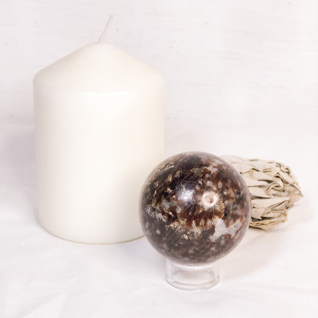 Garnet, Feldspar + Quartz crystal sphere