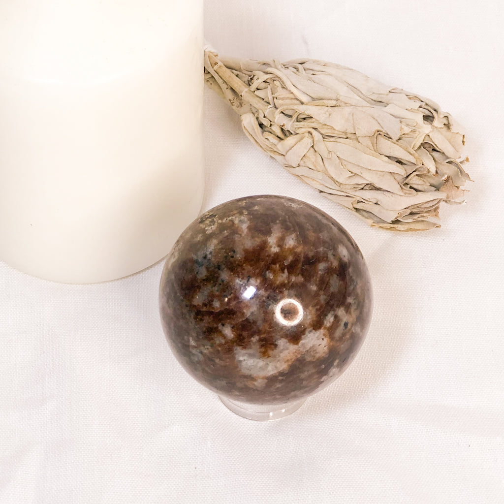 Garnet, Feldspar + Quartz crystal sphere