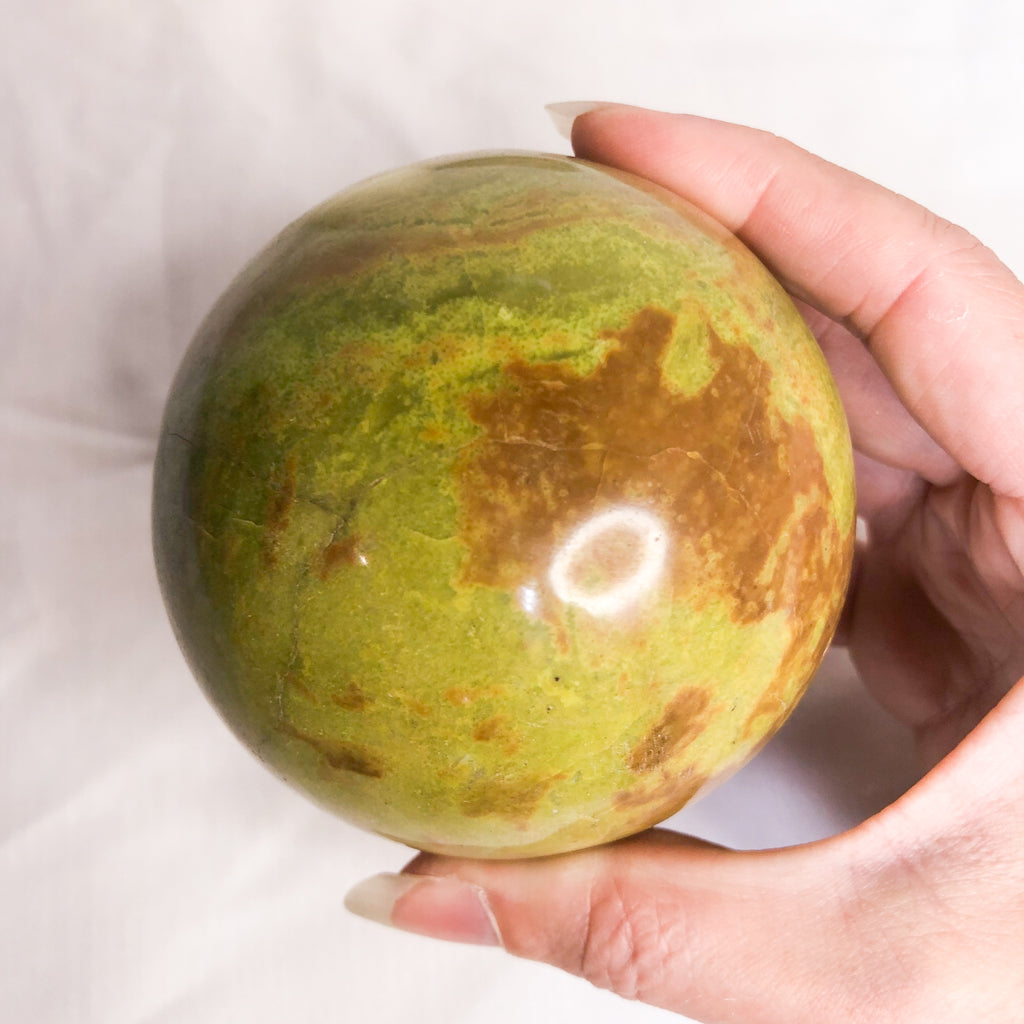 Green opal crystal sphere with stand