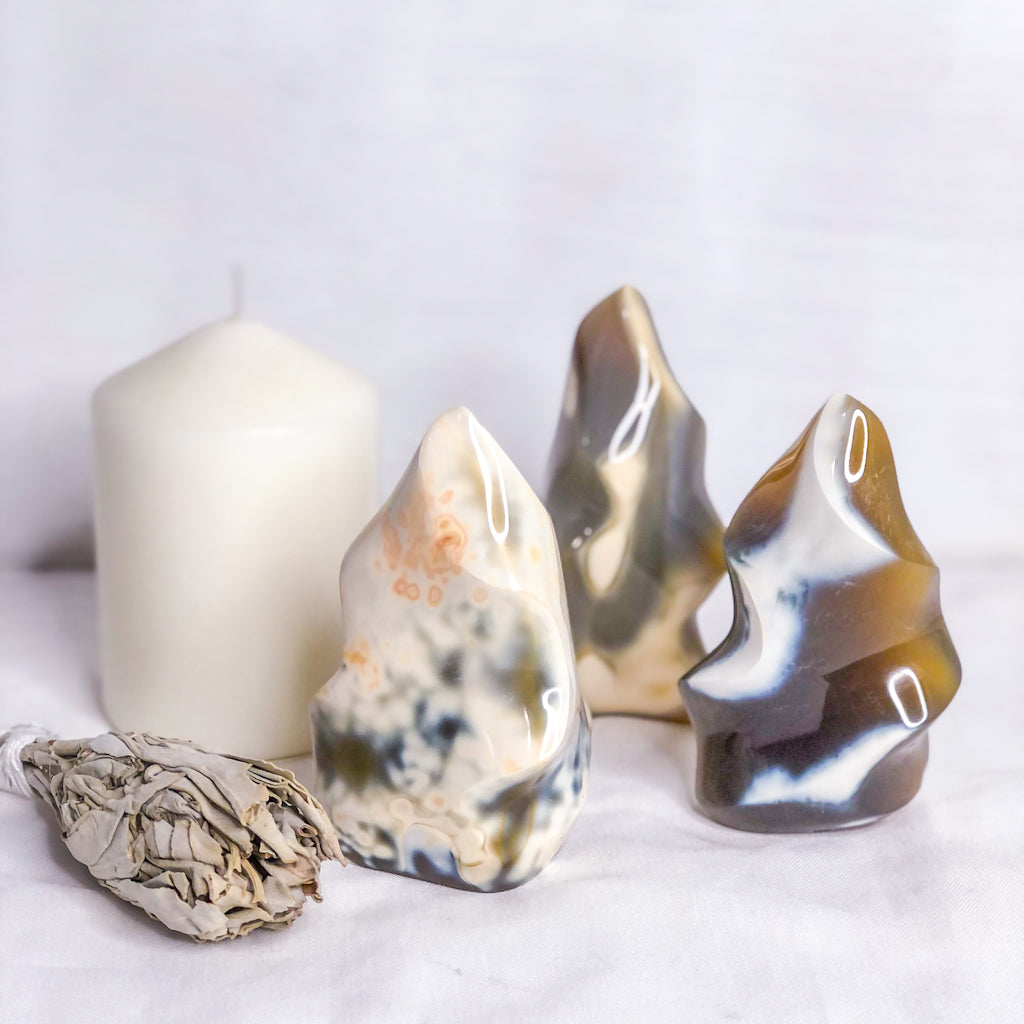 Orca Agate polished crystal flame statue