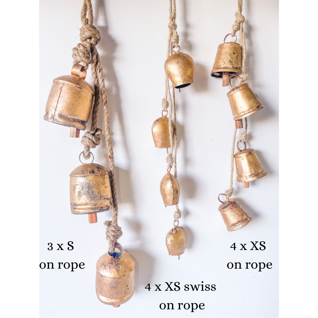 Hand made brass cow bell set 3 or 4 with rope