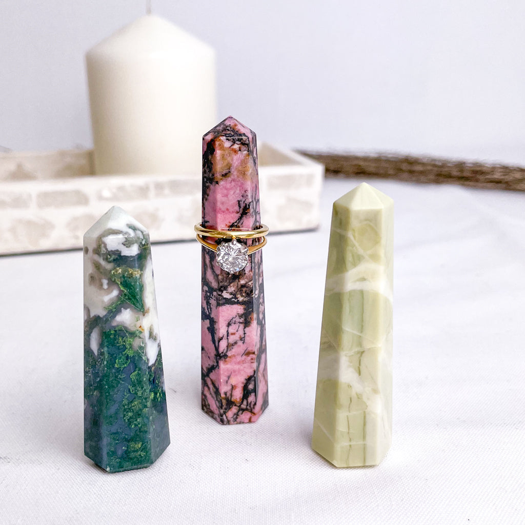 Trio of crystal ring holder towers Moss agate, Rhodonite Jade points bundle