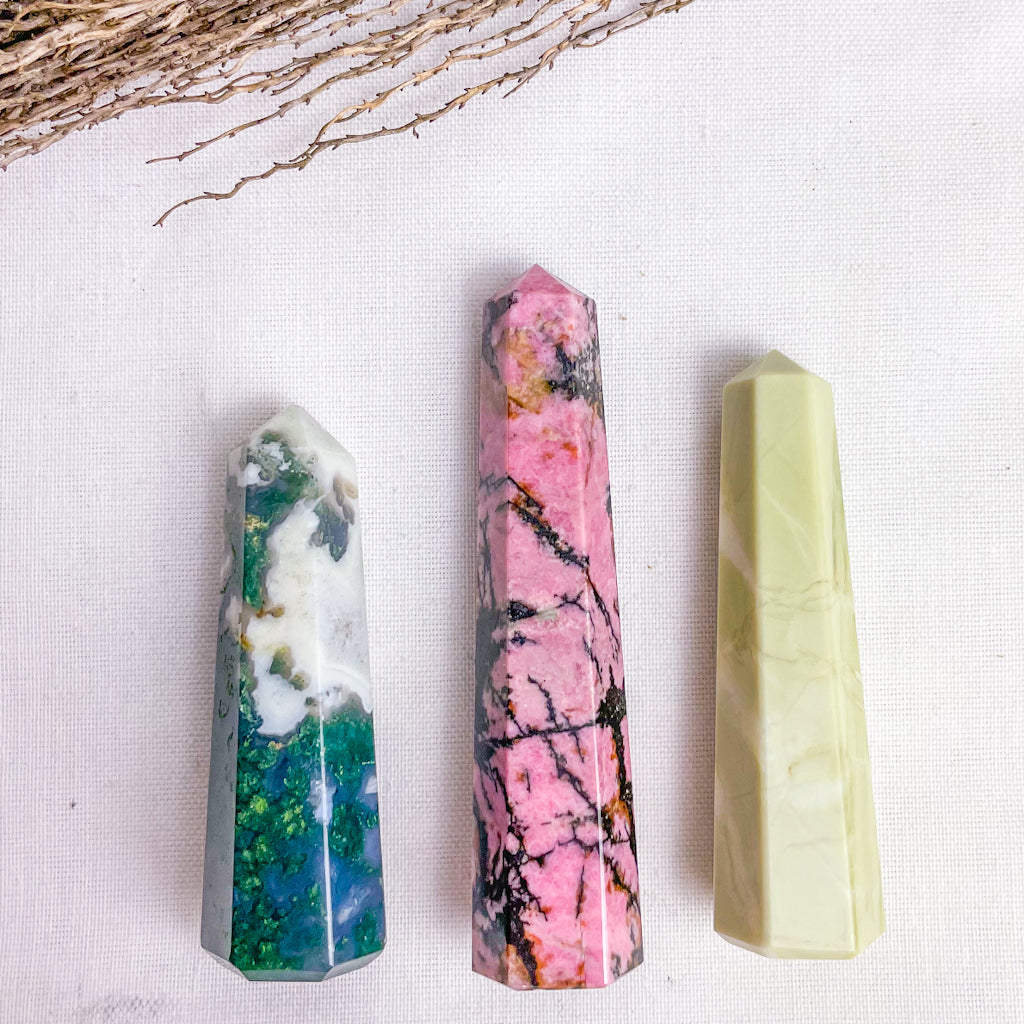 Trio of crystal ring holder towers - Moss agate, Rhodonite + Jade points bundle