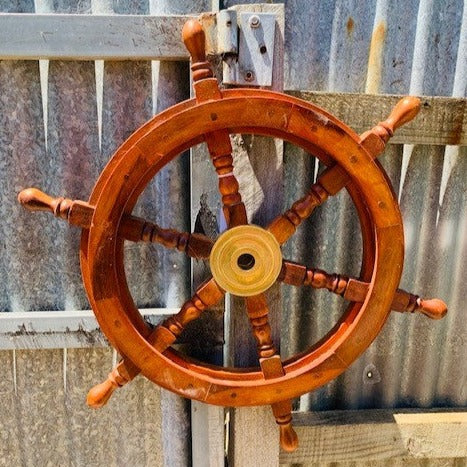 Antique wood + brass sailing ship wheel wall decor