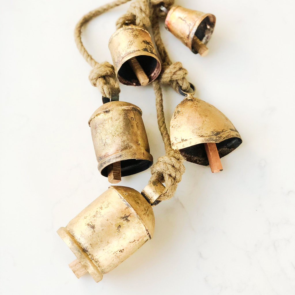 Set of 5 gold cow bells in rusted brass Australia