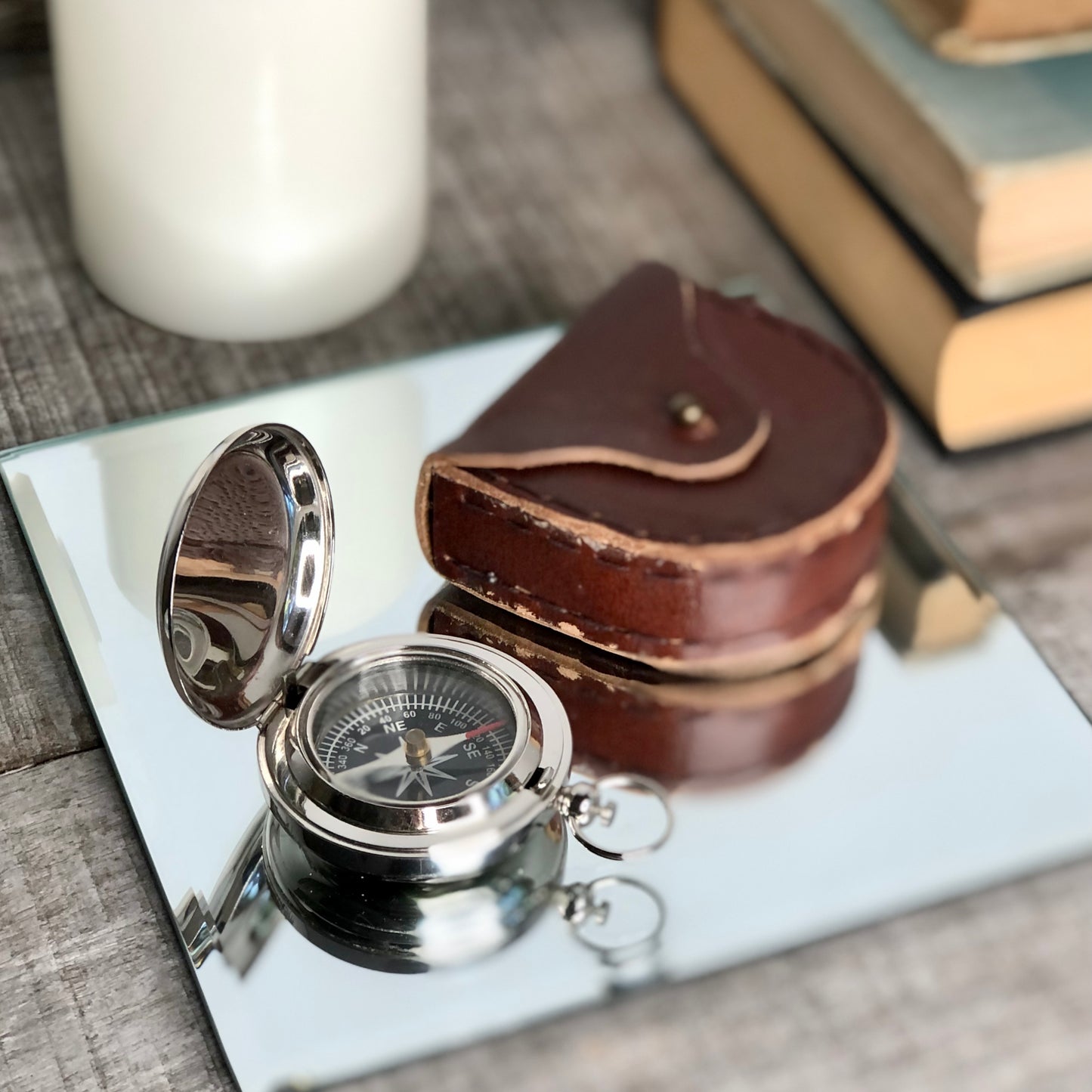 Antique silver nickel compass + leather case