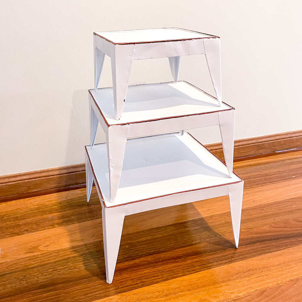 Industrial white washed metal square small table / pot holder stool set 3