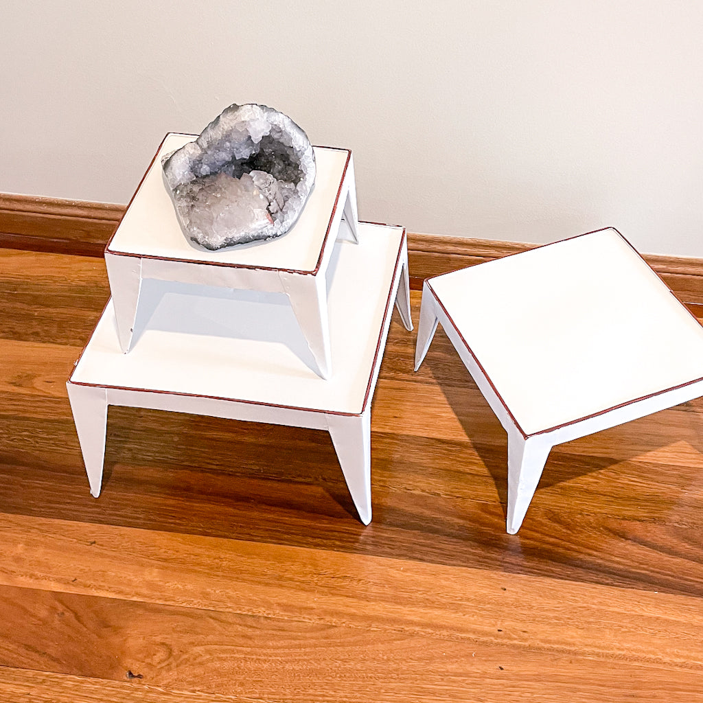 Industrial white washed metal square small table / pot holder stool set 3