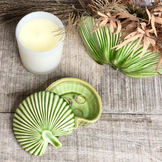 Green palm frond trinket jar